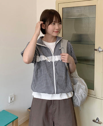 Altus Seersucker Frill Check Short Sleeve Zip-Up Jumper